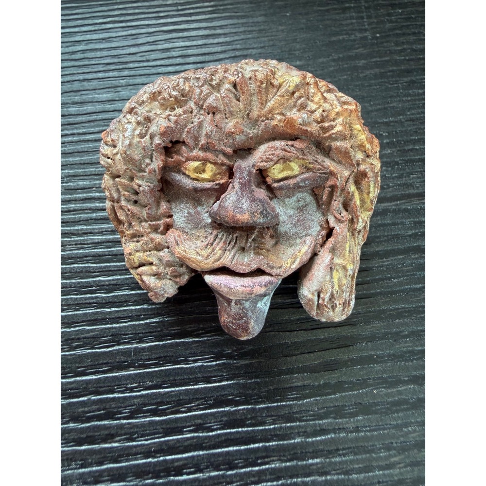 Handmade Clay Face Brooch Artisan Sculpted Mustache Character Pin Bronze Gold